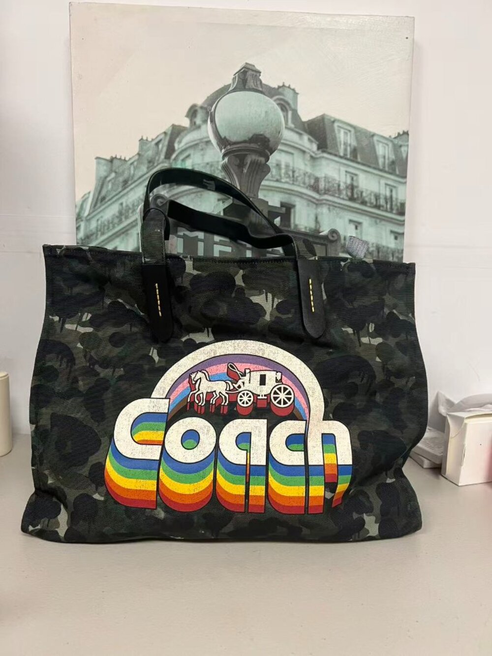 Coach CA303 Recycled Canvas Tote 42 Camo Rainbow Horse & Carriage Pride Bag